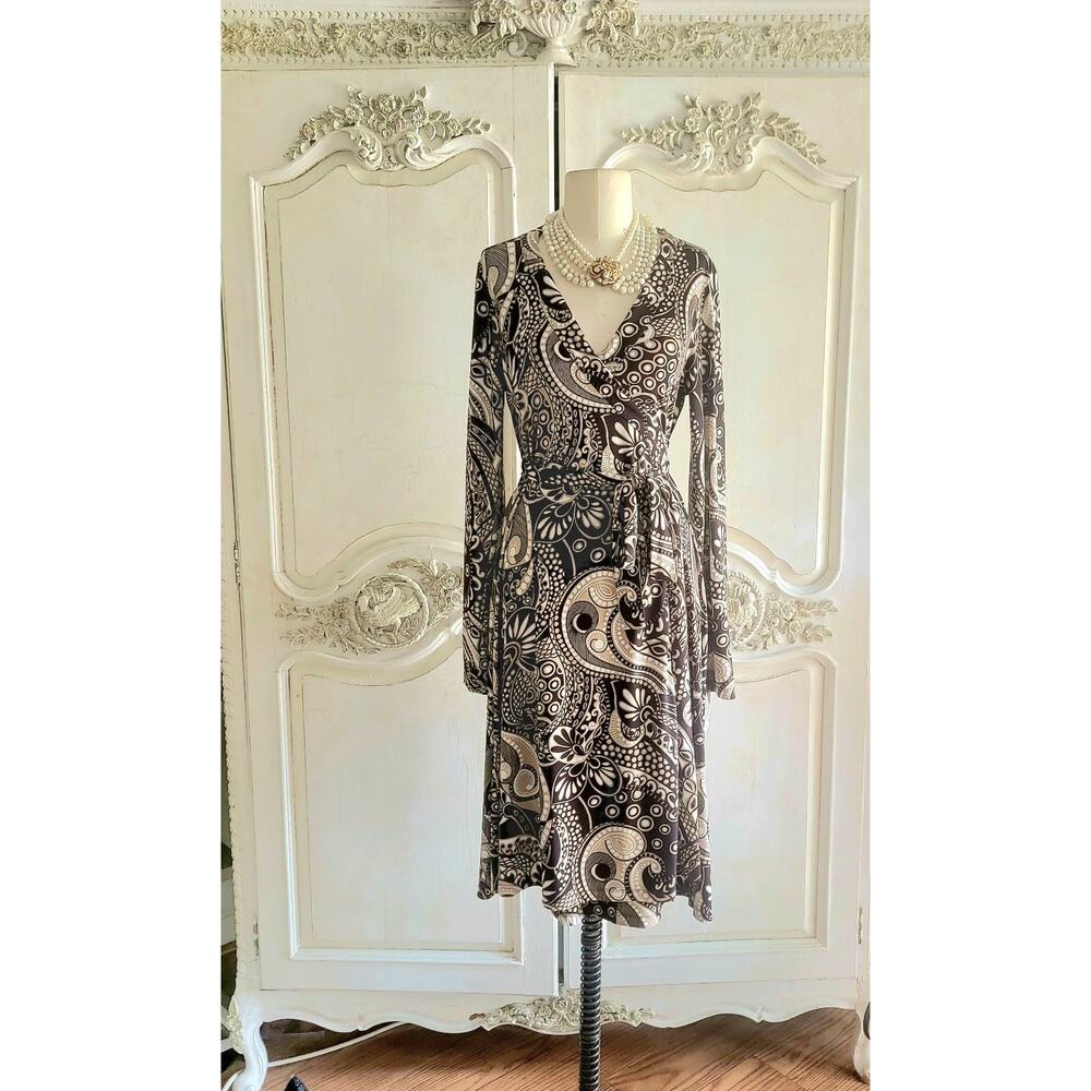 Vintage T Tahari Classic Wrap Long Sleeve Dress Brown/cream Sz MF (OSFA) Korea